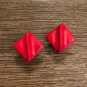 1980’s Red Wavy Square Diamond Shape Earrings